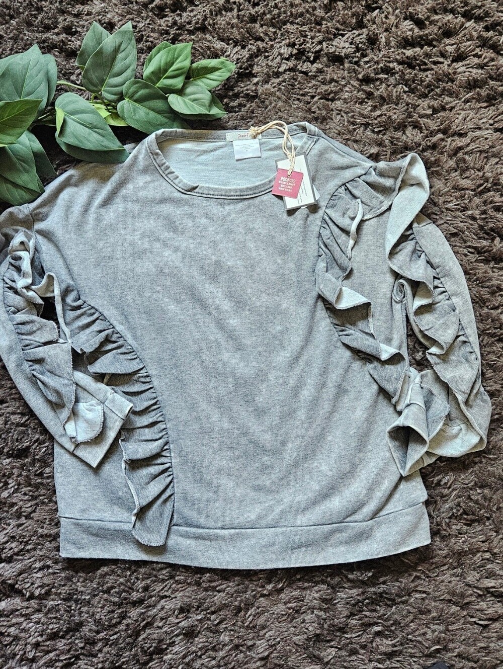 Poof! Nwt medium heathered grey sweatshirt that features distinctive ruffled acc